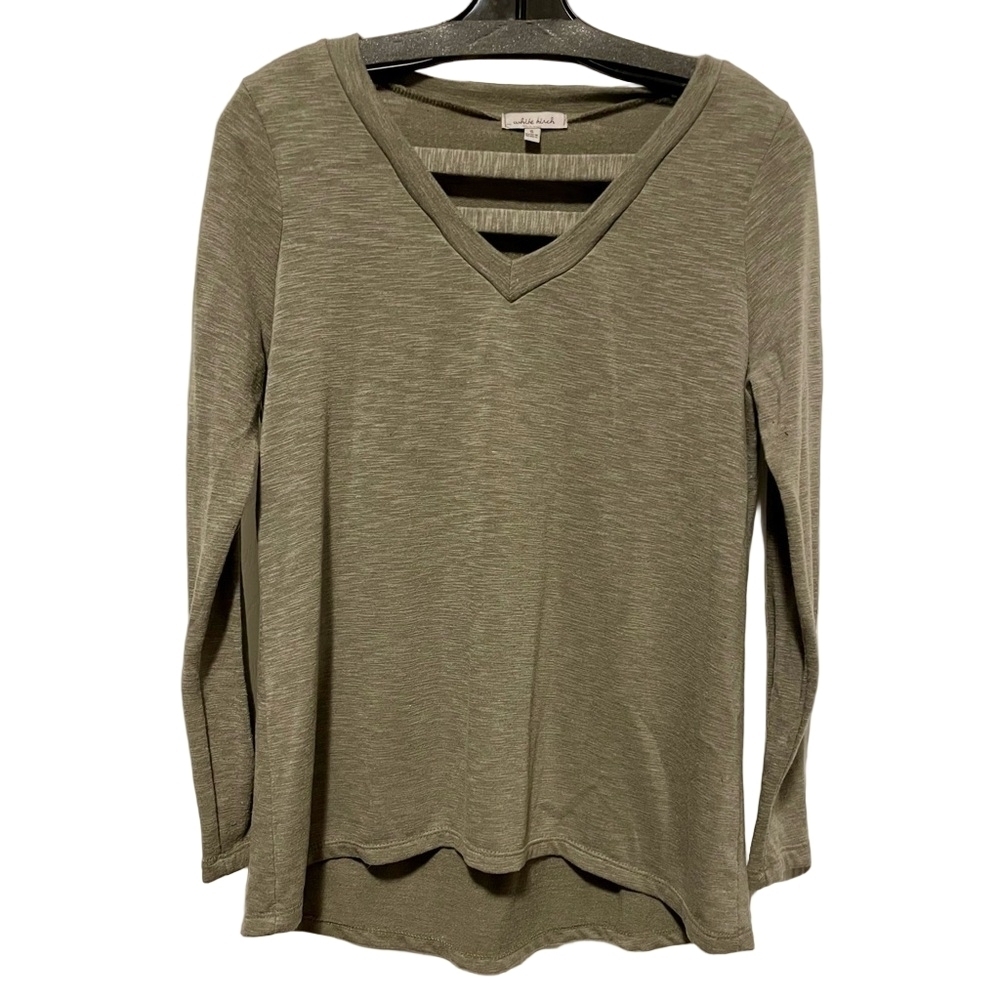 White Birch Green Relaxed Long Sleeve Top Small Cut Out Casual Lightweight Flowy